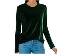 Camicetta da donna in velluto a maniche lunghe con scollo rotondo in velluto invernale vintage comoda per le vacanze - Top casual e elegante per le festività, Verde, M