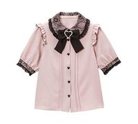 Camicetta da donna Lolita in pizzo con maniche corte a sbuffo, colletto Peter Pan, gotico, kawaii, vintage, con volant e fiocco, Rosa, S