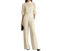 Camicetta da donna nera trasparente e pantaloni a gamba larga set tre pezzi manica 3/4 collo camicetta in chiffon elegante abbigliamento da casa, Albicocca, M