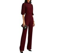 Camicetta da donna nera trasparente e pantaloni a gamba larga set tre pezzi manica 3/4 collo camicetta in chiffon elegante abbigliamento da casa, Rosso vinaccia, XS