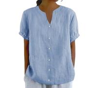 Camicetta da donna oversize, a maniche corte, in lino, con scollo a V, leggera, traspirante, in lino, per la spiaggia, in cotone e lino, casual, in lino, Azzurro, 3XL