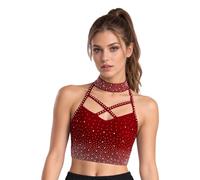 Camicetta da donna per allenamento, danza, ginnastica, camicia da notte con | Elasticizzato, con strass, per danza, feste, festival, rave, jogging, jazz moderno, allenamento, liturgico, ciclismo