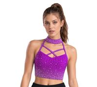 Camicetta da donna per allenamento, danza, ginnastica, camicia da notte con | Elasticizzato, con strass, per danza, feste, festival, rave, jogging, jazz moderno, allenamento, liturgico, ciclismo