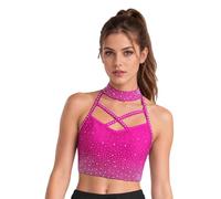 Camicetta da donna per allenamento, danza, ginnastica, camicia da notte con | Elasticizzato, con strass, per danza, feste, festival, rave, jogging, jazz moderno, allenamento, liturgico, ciclismo
