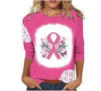 Camicetta da donna per la sensibilizzazione sul cancro al seno con maniche a 3/4 con nastro a forma di cuore grafico camicetta casual da donna, Rosa acceso., L