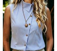 Camicetta da donna per mezza età, semplice, casual, vintage, da indossare quotidianamente a casa, con effetto cotone a righe fini, senza maniche, con colletto, top estivo da indossare come strato inte