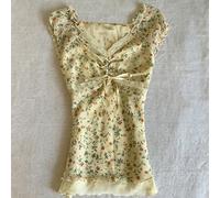 Camicetta da donna primavera/estate nuova stile pastorale con microfiori, pizzo a contrasto, dolce e giovanile, vita definita, effetto snellente, orlo con volant e maniche a raglan Petite XS,Petite S,
