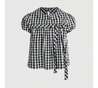 Camicetta da donna primavera/estate stile kawaii con colletto Peter Pan, vintage a quadri, maniche a sbuffo, orlo a balza, effetto snellente e valorizzante L,M,S,XSGeometricoPoliestere