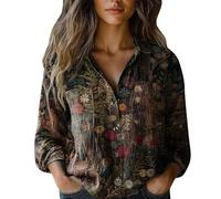 Camicetta da donna primaverile, in mussola, elegante, per il tempo libero, con stampa, camicia a maniche lunghe, con scollo a V, con tasche, casual, a maniche lunghe, Marrone., XXL