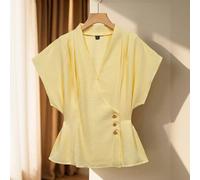 Camicetta da donna taglia comoda, stile romantico francese, elegante e casual, adatta per il tempo libero, le vacanze, il pomeriggio del tè di San Valentino e le feste di matrimonio, in colore giallo 