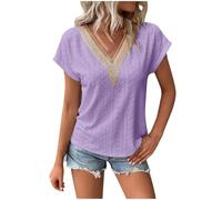Camicetta da donna taglie forti in pizzo con scollo a V petalo a maniche corte camicetta con occhielli traforati eleganti magliette casual, Viola, M