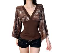 Camicetta da donna vintage con stampa floreale a campana, scollo a V profondo a 3/4, manica svasata, camicetta da fata grunge anni 2000, Marrone 2, L