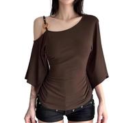 Camicetta da donna vintage con stampa floreale a campana, scollo a V profondo a 3/4, manica svasata, camicetta da fata grunge anni 2000, Marrone 1, L