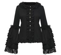 Camicetta da donna vittoriana edoardiana in pizzo con maniche svasate gotica Lolita camicia button down manica lunga pirata rinascimentale volant top, Nero , XL