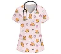 Camicetta da lavoro per infermiere/medico, donne, scollo a V, maniche corte, con due tasche, con stampa carina di capibara, sveglia, stella, cuore, amore e vita. Camicetta da lavoro per toelettatura a