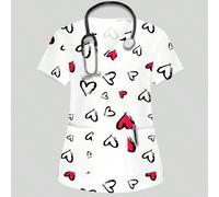 Camicetta da lavoro per infermiere/medico/veterinario/nutrizionista, taglie forti, scollo a V, maniche corte, con tasche doppie, spacchi laterali, stampa grafica a cuori carini, multitasche, funzional