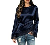 Camicetta da sera da donna in raso con finiture in pizzo a maniche lunghe | Camicia da donna in raso camicetta di seta top in pizzo manica lunga usura da sera per il Regno Unito andare fuori top moda