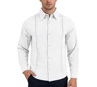 Camicetta da uomo a maniche lunghe con bottoni, stile casual, vintage, stile cubano, scava fuori con finiture in pizzo, tinta unita, camicetta formale per le vacanze, bianco, S