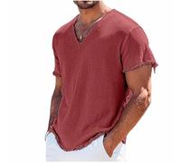Camicetta da uomo in cotone e lino con scollo a V, stile retrò, sfilacciata, casual, a maniche corte, vestibilità muscolare, per vacanze estive, spiaggia, maglietta invecchiata, vino, 3XL