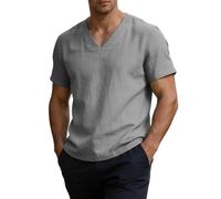 Camicetta da uomo in lino con scollo a V, in cotone e lino, estiva, a maniche corte, per il tempo libero, grigio., XL