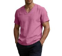 Camicetta da uomo in lino con scollo a V, in cotone e lino, estiva, a maniche corte, per il tempo libero, Colore: rosa., 3XL