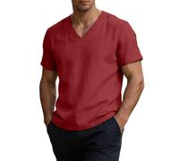 Camicetta da uomo in lino con scollo a V, in cotone e lino, estiva, a maniche corte, per il tempo libero, Colore: rosso, L