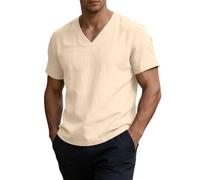 Camicetta da uomo in lino con scollo a V, in cotone e lino, estiva, a maniche corte, per il tempo libero, beige., M
