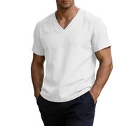 Camicetta da uomo in lino con scollo a V, in cotone e lino, estiva, a maniche corte, per il tempo libero, bianco, 3XL