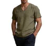 Camicetta da uomo in lino con scollo a V, in cotone e lino, estiva, a maniche corte, per il tempo libero, verde militare, XXL