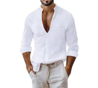 Camicetta da uomo in lino e cotone, a maniche lunghe, con colletto alla coreana, vestibilità ampia, casual, senza pieghe, con bottoni, leggera, da salotto, per lavoro, stile casual, ufficio, bianco, L