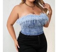 Camicetta di jeans di grandi dimensioni blu, stretta, foderata per maggiore calore, jeans termico US22,US24/26,US28/30,US32/34Blocchi di colore,Colore unico,stampa dappertuttoDenim