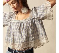 Camicetta donna a maniche corte, con colletto quadrato, in tessuto morbido e ampio a motivo check L,M,S,XLBlocchi di colore,quadriTessuto intrecciato