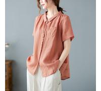 Camicetta Donna Arancione Rosa Blu Khaki Cotone Maniche Corte Bottoni Casual