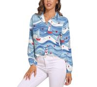 Camicetta Donna Camicie A Maniche Lunghe con Scollo A V Abbottonata Barca A Vela A Onde vestibilità Larga, Stile Disegnato A Mano, Adatto per La Primavera E L'Autunnoblu