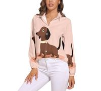 Camicetta Donna Camicie A Maniche Lunghe con Scollo A V Abbottonata Bassotto Cartoni Animati vestibilità Larga, Semplici Animali Carini, Adatto per La Primavera E L'Autunnorosa