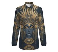 Camicetta Donna Camicie A Maniche Lunghe con Scollo A V Abbottonata Illustrazione Dell'Antica Regina Egizia vestibilità Larga, Elementi retrò Disegnati Mano, Adatto per Primavera L'Autunnoblu Scuro