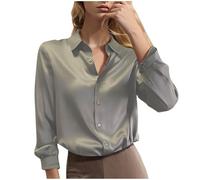 Camicetta Donna Elegante Maniche Lunghe Raso Camicetta Leggera Risvolti Business Camicia Abbottonatura Camicia Maniche Lunghe Ampia Tinta Unita Camicetta Seta Tempo Libero Lavoro Ufficio Top, grigio