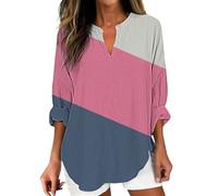 Camicetta Donna Estiva Oversize Maniche Corte Womens Cotton Linen Tops for Women Spring Summer V Neck Roll Up 3/4 Sleeve T Shirts Plain Graphic Tees Tshirt Donna Maniche Lunghe Corte (Pink XXL)
