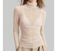 Camicetta donna in rete trasparente a collo alto e maniche lunghe, abbigliamento casual elegante per l'ufficio, abito elegante per il Ringraziamento, il Natale, il Capodanno e come ospite a un matrimo