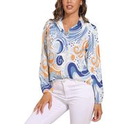 Camicetta Donna Onde Astratte Camicia A Maniche Lunghe Blusa Ampia Leggera con Scollo A V Casual Top, Stile Art Nouveau alla Moda Adatto per L'Uso Quotidiano in Primavera, Autunno Inverno - Azzurro