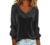 Camicetta Donna Velluto Sexy Camicia in Scollo a V con Paillettes Inverno Aderente Pullover Elegante Maniche Lunghe Curvy Camicette Casual Morbido Tinta Unita Camicie Capodanno e Carnevale Cerimonia
