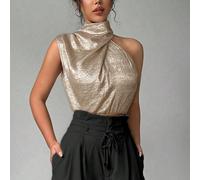 Camicetta elegante con colletto oro per l'uso quotidiano, top asimmetrico senza maniche, adatta per primavera, estate, autunno, per uso quotidiano, pendolarismo, festa, ritorno a scuola, matrimonio, p