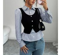 Camicetta elegante da donna con scollo a V, colletto, vita stretta e design a patchwork in tessuto morbido e costine blu, stile sofisticato adatto per il Giorno dell'Indipendenza e l'autunno L,M,S,XLA