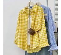 Camicetta elegante da donna in poliestere a quadri gialli, con maniche lunghe, colletto classico, spalle scese e dettagli con bottoni anteriori, lunghezza e orlo regolari, adatta per la primavera L,M,