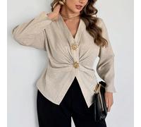 Camicetta elegante da donna per ufficio beige autunnale con decorazione in bottoni metallici, maniche lunghe, vita plissettata e orlo svasato, top camicia minimalista in tessuto morbido 0XL,1XL,2XL,3X