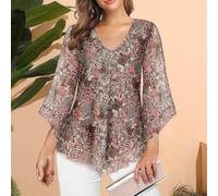 Camicetta elegante da donna taglie forti, con scollo a V, doppio strato in rete elastica, casual e fluida, per lavoro, con balze sul fondo e maniche a campana 3/4, adatta per la primavera e le vacanze