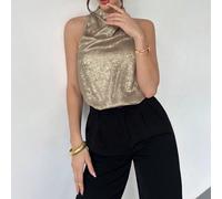 Camicetta elegante e casual da donna in raso dorato con collo alto e schiena annodata, look da Capodanno, top sexy, scintillante, da festa, stile "old money", top dorato L,M,S,XL,XS,XXL,XXS,XXXL,XXXXL