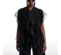 Camicetta elegante in stile bohémien da donna, con colletto a balze, bottoni davanti e pannello in rete, colore marrone caffè, taglie comode 0XL,1XL,2XL,3XL,4XLColore unicoTessuto intrecciato
