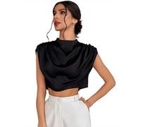 Camicetta estiva corta da donna in raso - Elegante camicia di seta tinta unita con colletto alto senza maniche, elegante e vestita per il lavoro, le serate, Nero , M