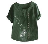 Camicetta estiva da donna a maniche corte per il Regno Unito, camicette con scollo a O per maniche corte Plus - Camicette da salotto camicie larghe casual in lino magliette oversize casualtops, Verde